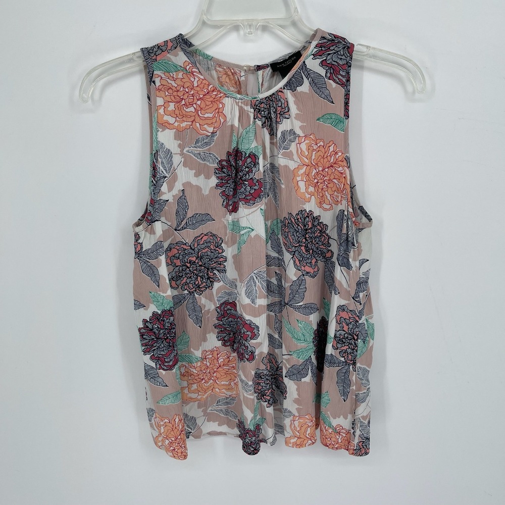 Ann Taylor Women's Pink Floral‎ Sleeveless Pleated Neck Blouse Tank Top Size XS